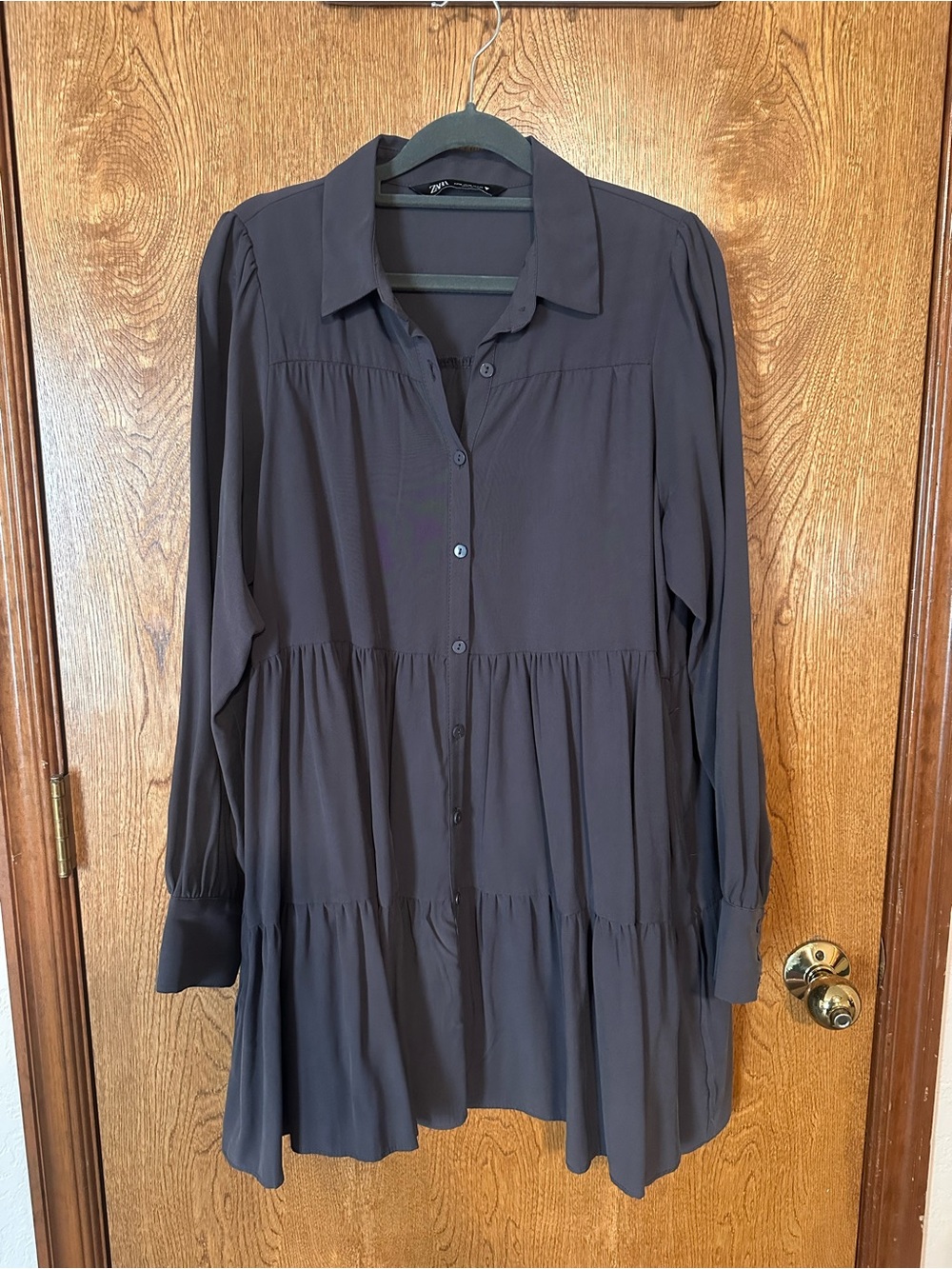 Zara Dark Gray Tiered Button-Front Long Sleeve Tunic M/L